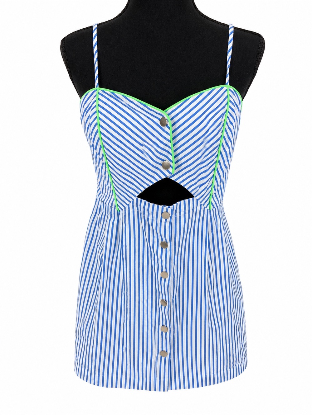 Jealous Tomato Blue & White Striped Cutout Mini Dress Neon Trim Size L
